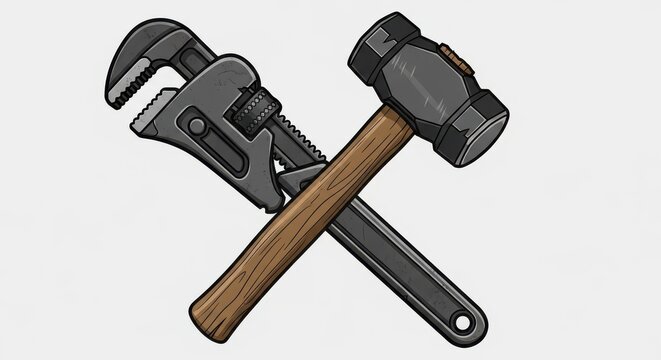 Crossed monkey wrench and heavy sledgehammer are displayed as mechanical icons against a light background.