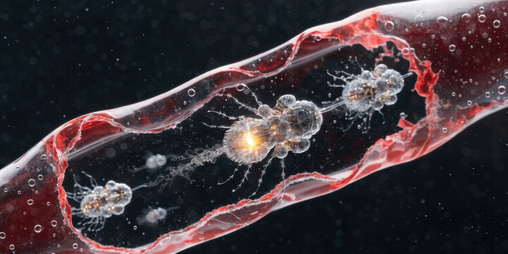 Microscopic medical research pathogens in blood vessel with cellular structures and glowing cores