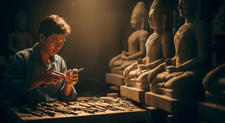 Fototapeta premium Dedicated craftsman using a chisel and hammer to refine the intricate details of a seated stone figure