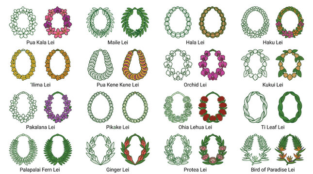 A comprehensive visual guide showcasing twenty distinct styles of Hawaiian leis, each labeled with its specific name.