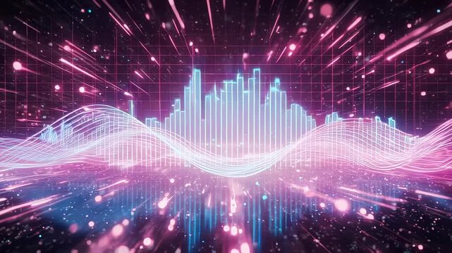 A vibrant digital sound wave visualization, with teal and pink hues, featuring a grid, bursts, and dynamic lines