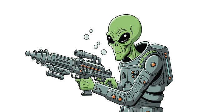 Green alien character wearing detailed space armor and holding a futuristic ray gun isolated on a clean white background.