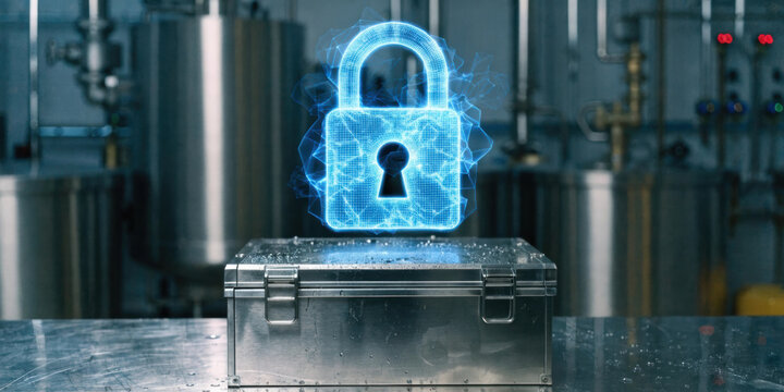 Secure metal case with holographic padlock symbol medical research lab safety and data protection