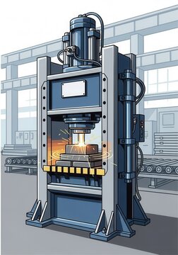 Industrial hydraulic press machine performs metal stamping on a factory floor.