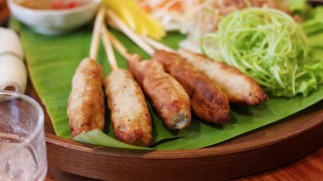Grilled Vietnamese Nem Nuong Pork Skewers Served on Banana Leaf