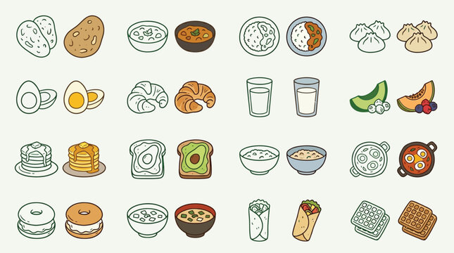 A collection of various breakfast and meal illustrations, including fruits, pastries, eggs, and savory dishes.