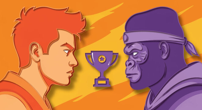 Man and gorilla facing each other.