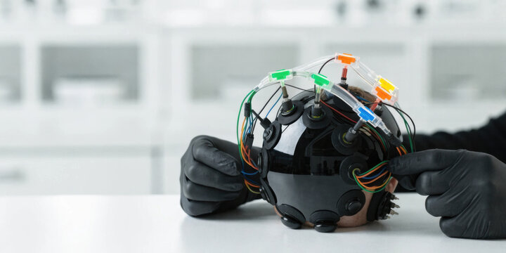 Medical research electroencephalography cap with sensors mannequin head clinical lab setting