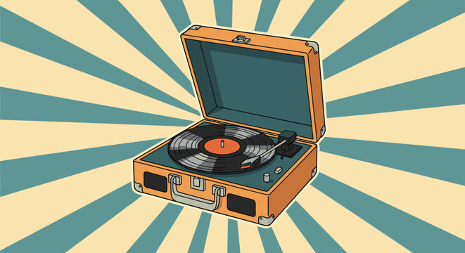 Retro portable record player in a stylish orange suitcase sits against a dynamic teal and cream sunburst background.