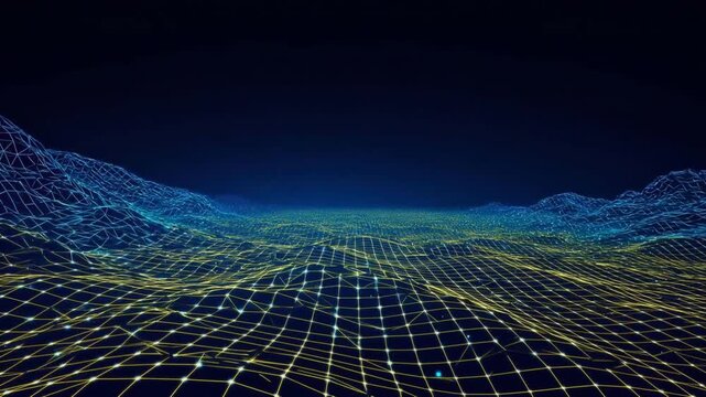 A futuristic digital landscape with a network grid on top of an abstract mountain range representing data processing and technology. ..Created with Generative AI, not depicting real subjects.