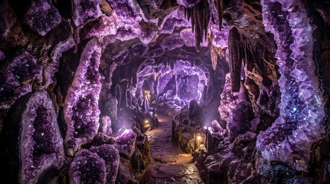 Amethyst crystal cave with glowing purple geodes, mystical underground cavern with natural mineral formations, magical gemstone grotto