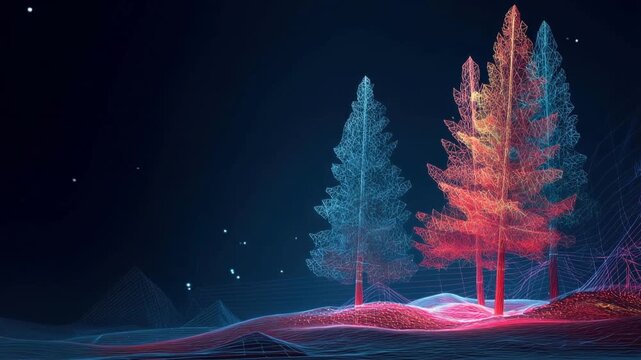 A digital landscape with vibrant, glowing trees is captured, showcasing a modern and artistic take on the natural world. ..Created with Generative AI, not depicting real subjects.