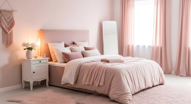 A serene and stylish bedroom with a pink color scheme