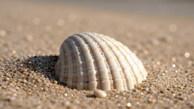 A perfect dry white seashell rests on the golden sand beach