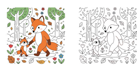 Obraz premium Cute Fox Parent and Cub Walking in Forest Vector Illustration and Coloring Page for Kids