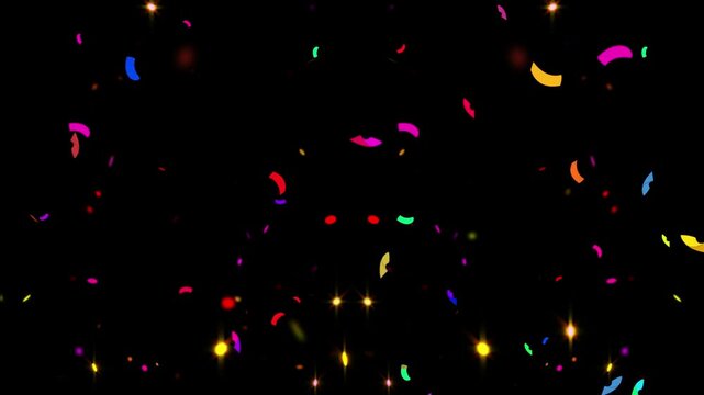 Vibrant pink polka dot hearts floating against a dark background filled with festive party confetti and ribbons