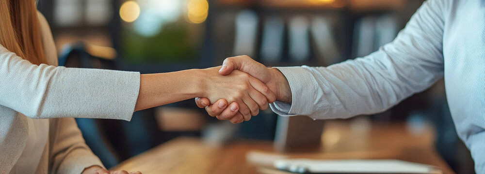 Business team of woman and Partner shaking hands with colleagues, partners or employees, signing a contract. Group of people satisfied with results of team work together. Banner, copy space
