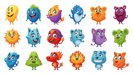 Obraz premium Playful Cartoon Mascot Social Media Elements Set, Vibrant Colorful Character Pack, Cute Flat Design Icons, Isolated White Background