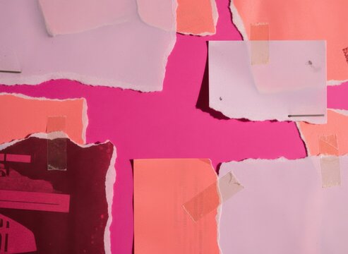Torn pink paper clippings with tape and staples over a magenta background creating a creative collage flat lay for retro journalism and feminine graphic design