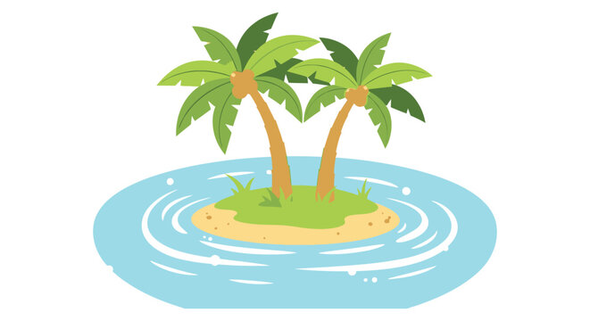 Two vibrant tropical palm trees growing on a small sandy desert island in this flat vector illustration