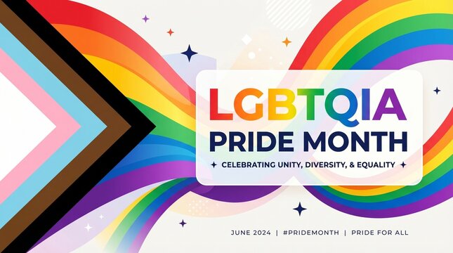 Colorful lgbtqia pride month banner with rainbow wave and inclusive identity flag concept for equality awareness campaign branding social promotion design