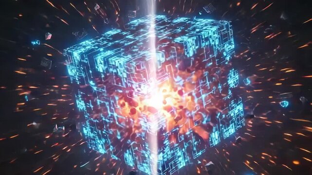 A glowing, intricate digital cube with a central light beam in an abstract, energetic space, surrounded by sparkling particles.