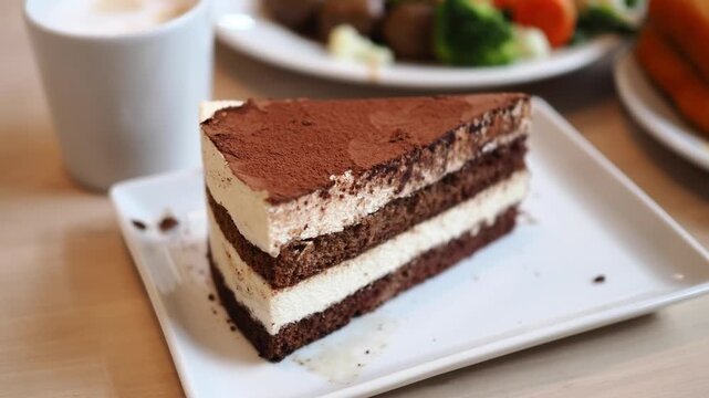 Enjoying chocolate cake at a cafe in the afternoon
