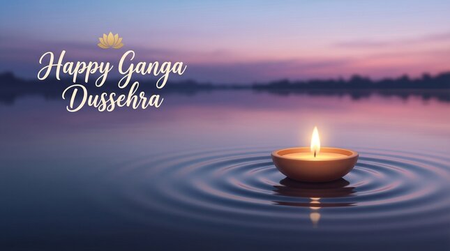 Serene ganga dusshera diya floating on tranquil river at sunset with soft glow reflection minimal spiritual scene for greeting background branding use