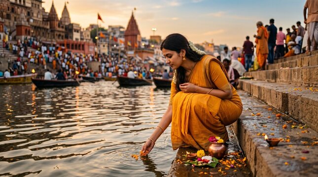 Indian woman offering flowers in ganga river during dusshera festival at sacred ghats with evening light devotion scene for culture travel storytelling use