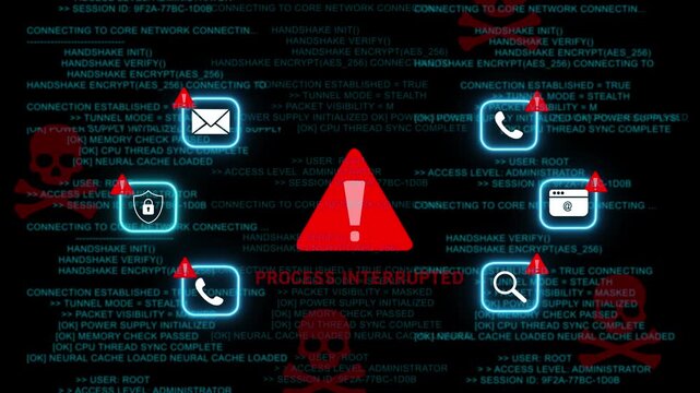 Process interrupted warning. Cybersecurity defense and system protection from hackers, secure digital systems, cyberattack prevention 4k Animation video on Black Background
