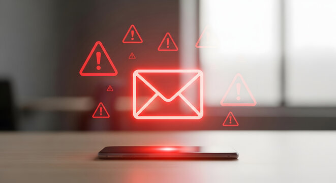 Smartphone on desk with glowing red envelope hologram and warning signs symbolizing spam email and cybersecurity threats.