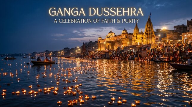 Ganga river illuminated with floating diya lights near temple during evening aarti ceremony in india for spiritual festival celebration background