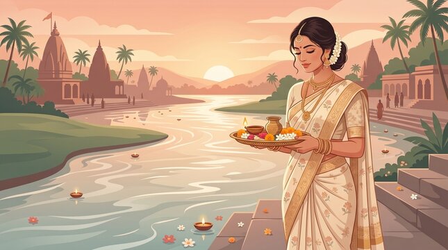 Woman holding puja thali near river during ganga ritual at sunset with temple landscape in background for spiritual festival culture design use