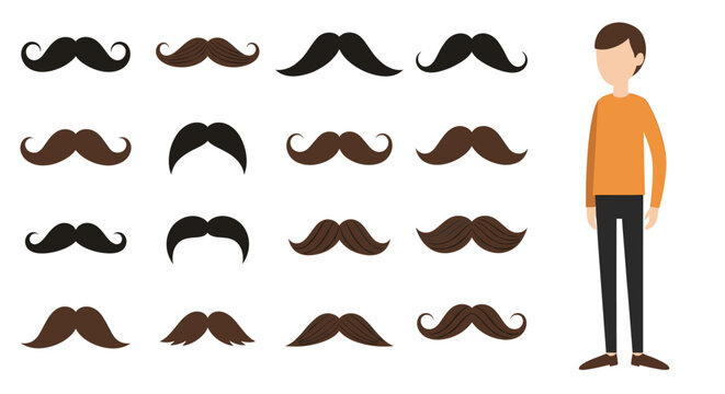 Cartoon man with various mustache styles and designs