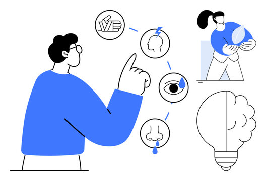 Cognitive science, sensory perception, mental health, idea generation, communication, environmental care. Person pointing to icons human senses and creativity. Sensory perception and cognitive
