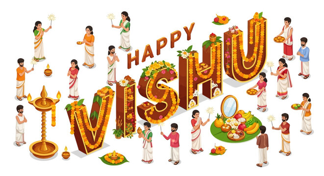 Isometric vector art displays 'Happy Vishu' in a celebratory design, showcasing traditional Kerala festival elements like Vishu Kani and people in traditional attire, set against a clean
