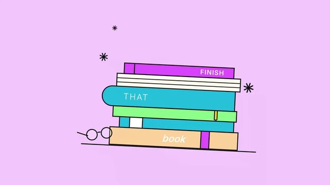 A stack of books with titles that read 'FINISH THAT BOOK' and glasses on a light purple background with sparkles