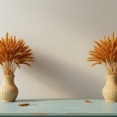 Fototapeta premium Two Golden Wheat Bundles in Ceramic Vases on a Blue Wooden Table Against an Ivory Wall Backdrop Providing Central Copy Space for Holiday Decor Mockup
