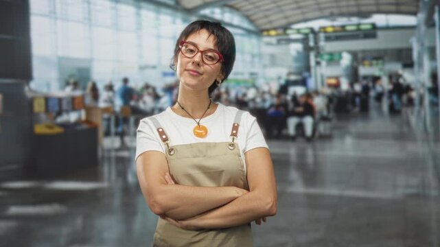 Woman wearing apron and red glasses with arms crossed, later smiling and giving thumbs up in busy airport terminal; confidence poise.
