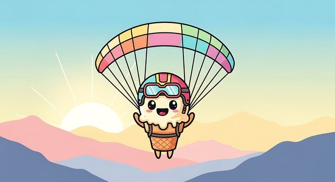 A cartoon ice cream cone with happy face is skydiving from a rainbow colored parachute over a sunrise landscape