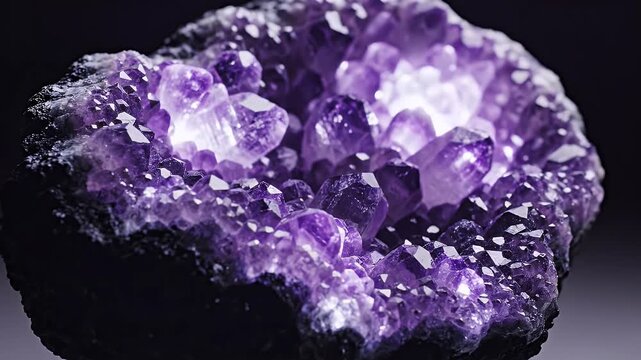 Intricate purple amethyst crystal cluster glowing brightly