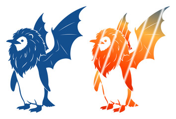 Whimsical penguin characters with lion manes and bat wings, one blue, one orange. © NATASA.52