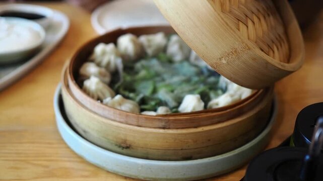 Dim sum served in bamboo steamer at local diner
