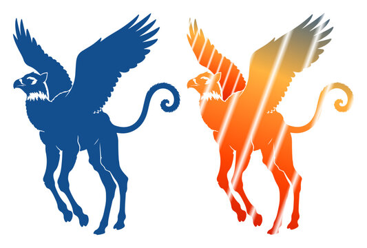 Mythical griffins with spread wings, one in blue, the other in fiery orange