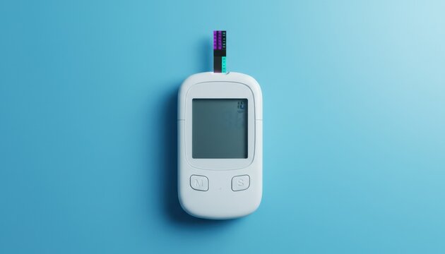 Digital blood glucose meter with test strip on blue background for diabetes healthcare monitoring, medical technology device for wellness blog with copy space