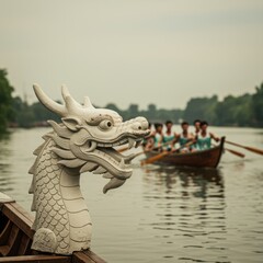 Fototapeta premium Ornate White Dragon Head Carving on a Boat Prow Leading a Rowing Team on a Calm River during a Traditional Cultural Festival Promotion Event