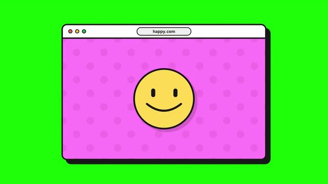 Web browser window displaying a cheerful yellow smiley face icon on a pink polka dot background with a green screen