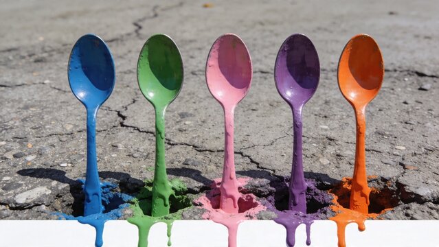 Colorful plastic spoons melt on cracked asphalt surface outdoors