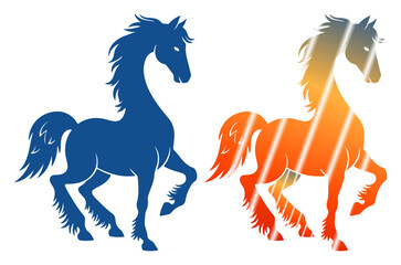 Majestic horses with flowing manes in silhouette, one vibrant blue, the other a warm sunset gradient. © NATASA.52