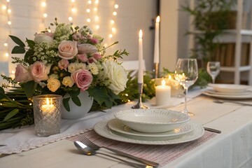 Fototapeta premium A table with a white tablecloth and a floral centerpiece